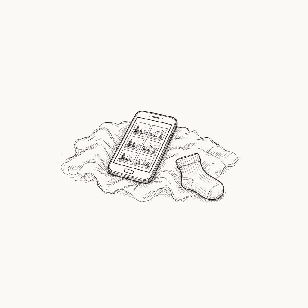Pen sketch of a phone showing a grid of photo thumbnails beside a child's sock