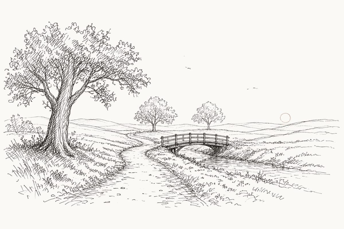 Pen sketch of a footpath winding through parkland past a big tree and over a small wooden footbridge toward a low sun
