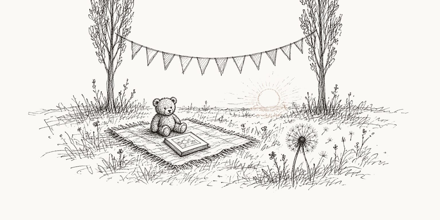 Pen sketch of blank cloth bunting between two poplars over a blanket with a teddy bear and a book