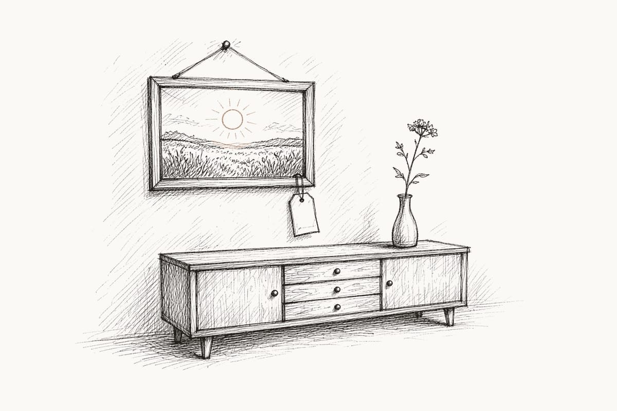 Pen sketch of a framed landscape print on a wall with a blank tag on a string, above a sideboard and vase