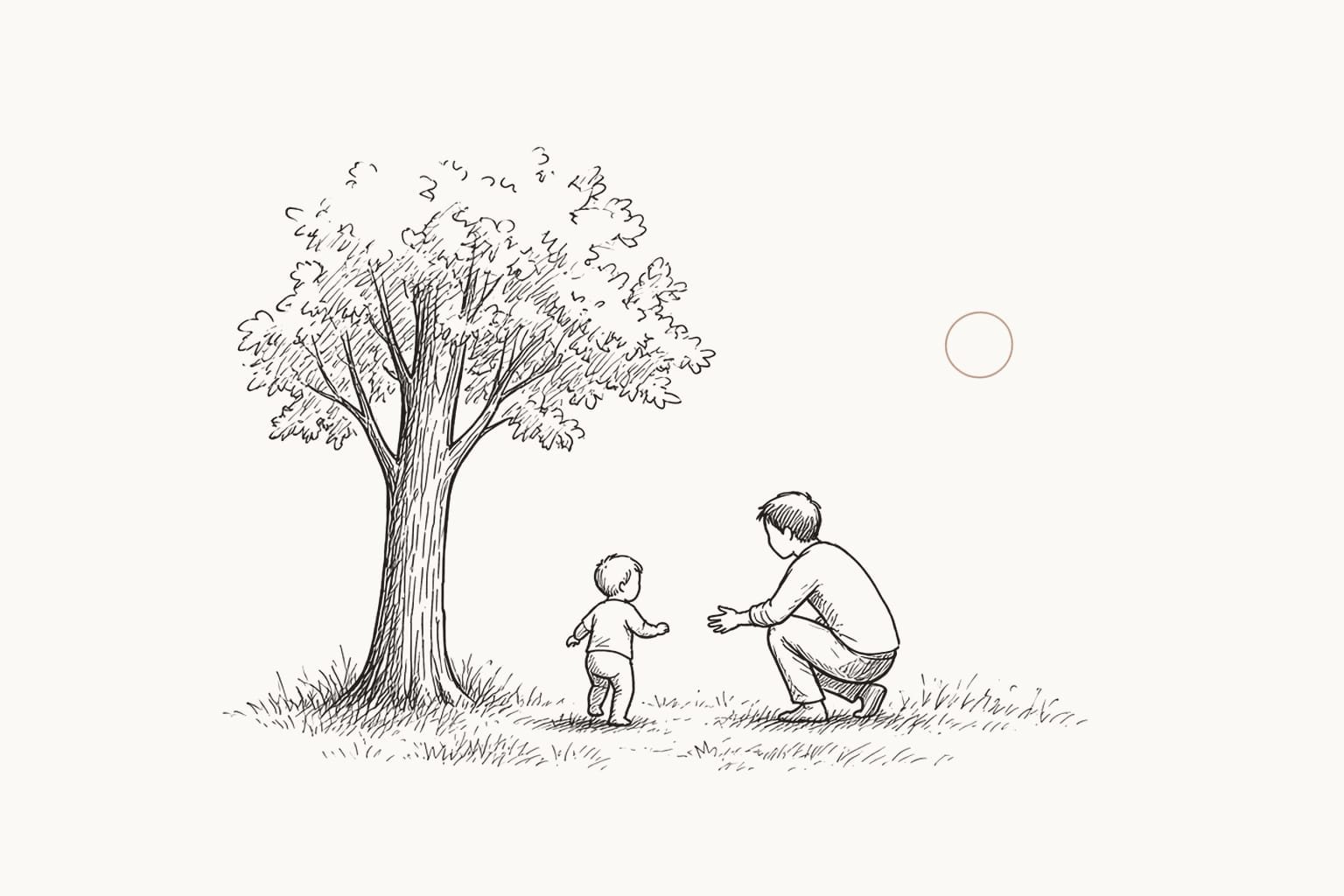 Pen sketch of a toddler seen from behind walking across the grass toward a parent crouched with open arms, a low sun beyond