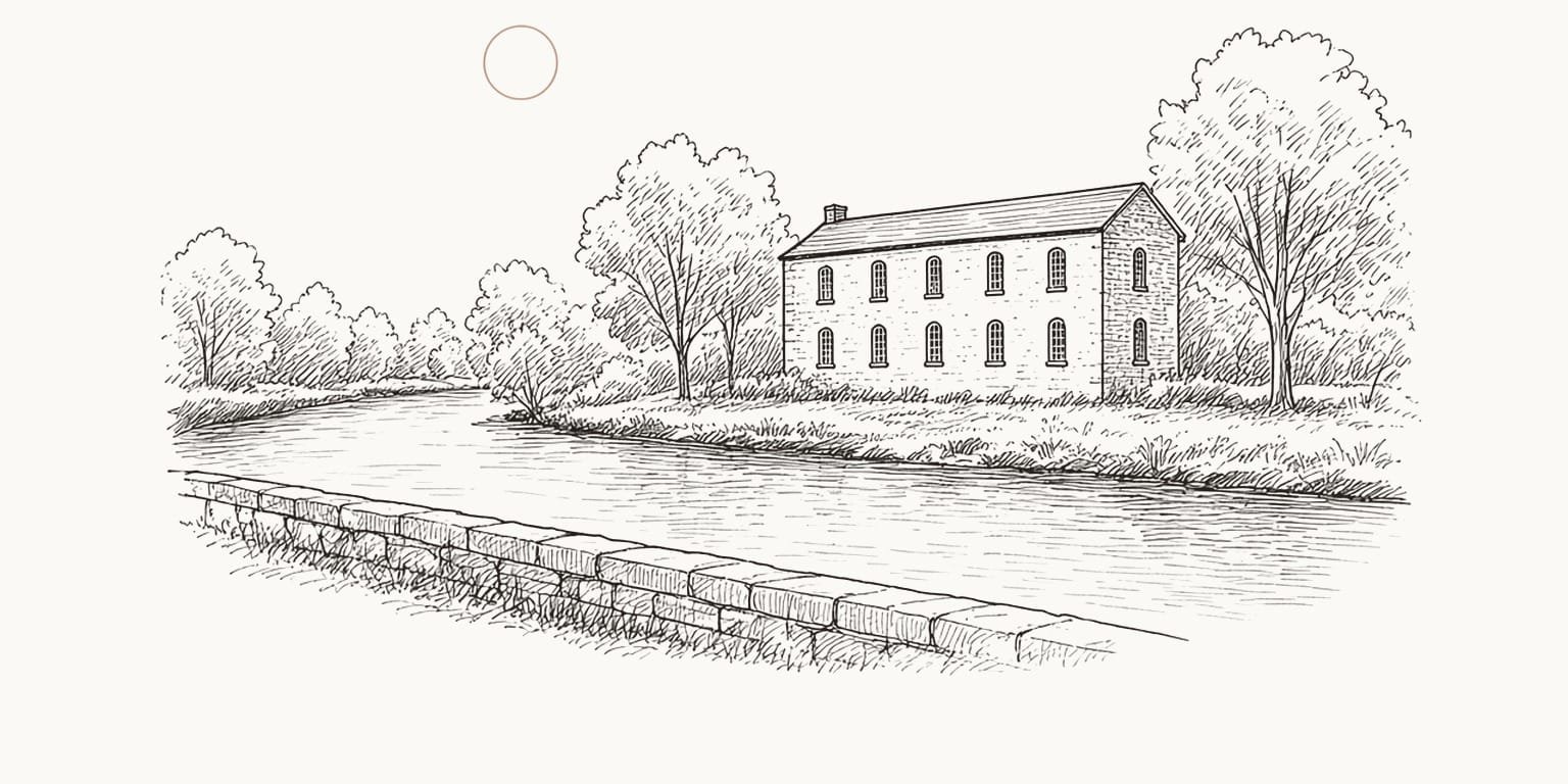 Pen sketch of a bend in a river with an old stone mill building on the far bank, trees and a low sun