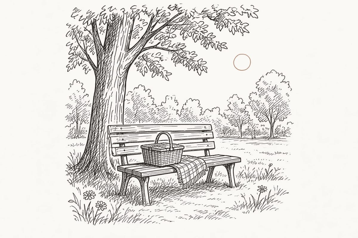 Pen sketch of a park bench under a big tree with a picnic basket and gingham blanket