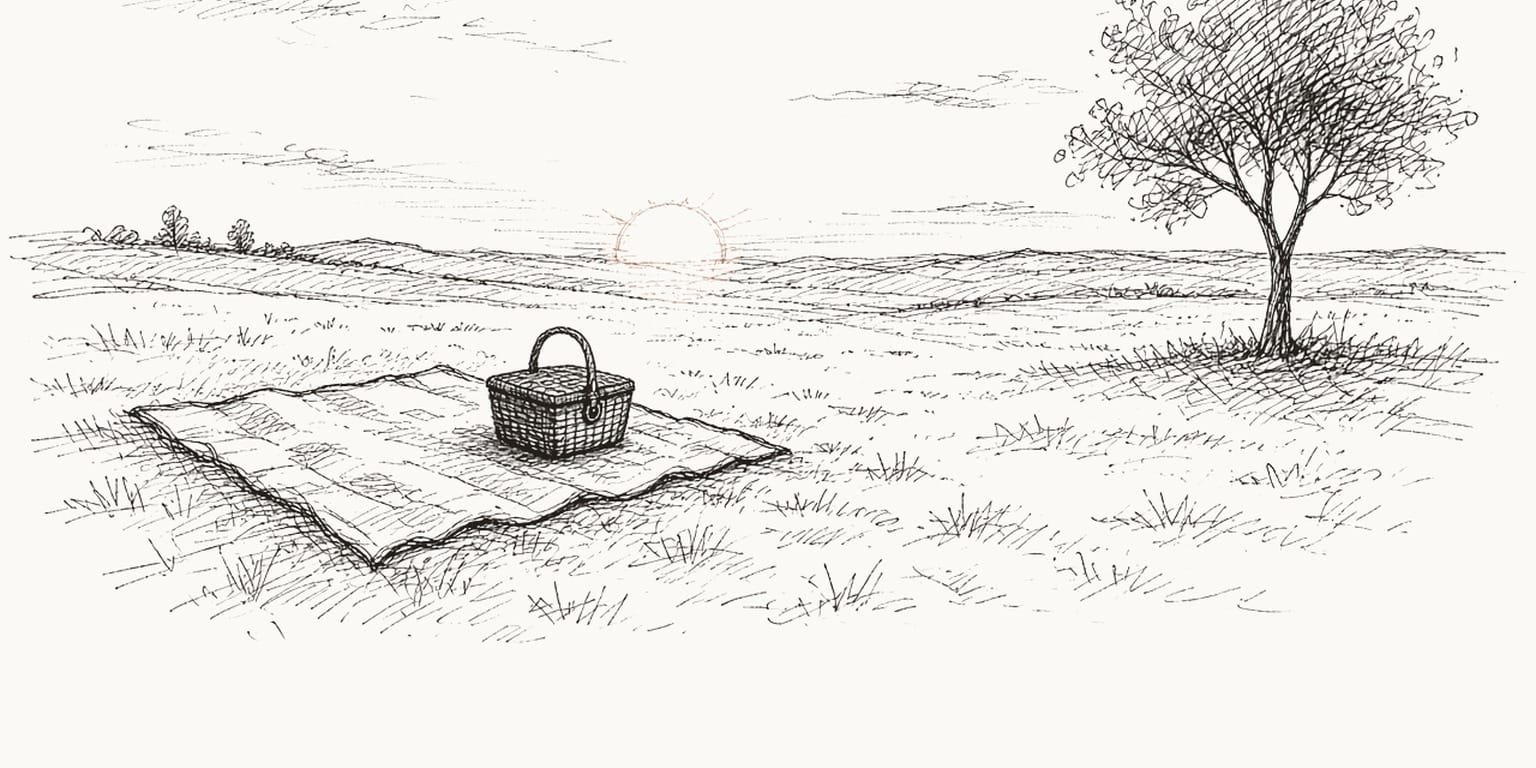 Pen sketch of a picnic blanket and basket on a lawn with the sun half set behind