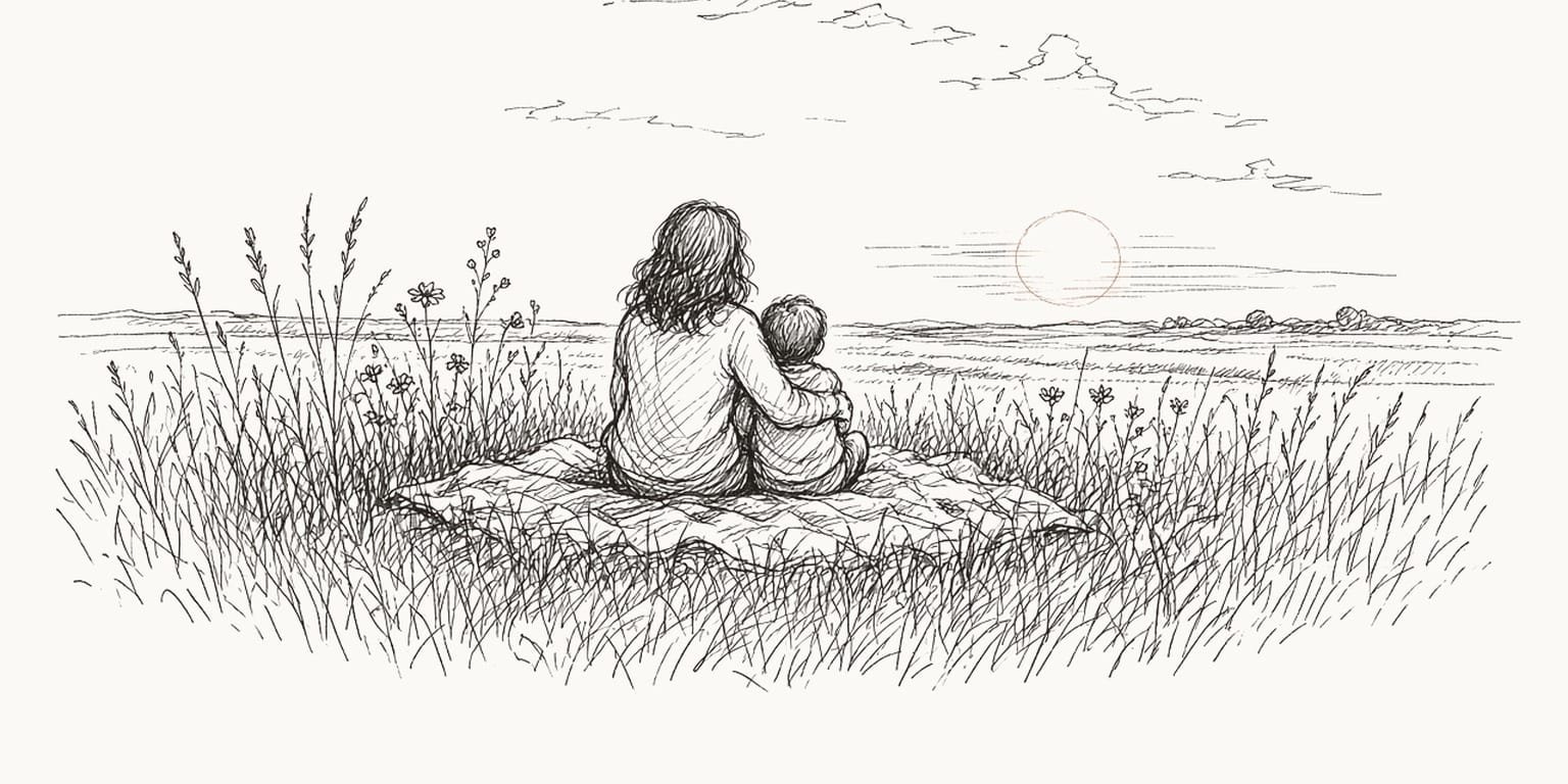 Pen sketch of a mother and toddler seen from behind, sitting on a blanket in a meadow facing the sun