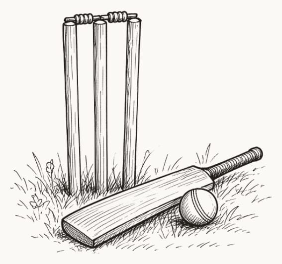 Pen sketch of cricket stumps and a bat lying in the grass