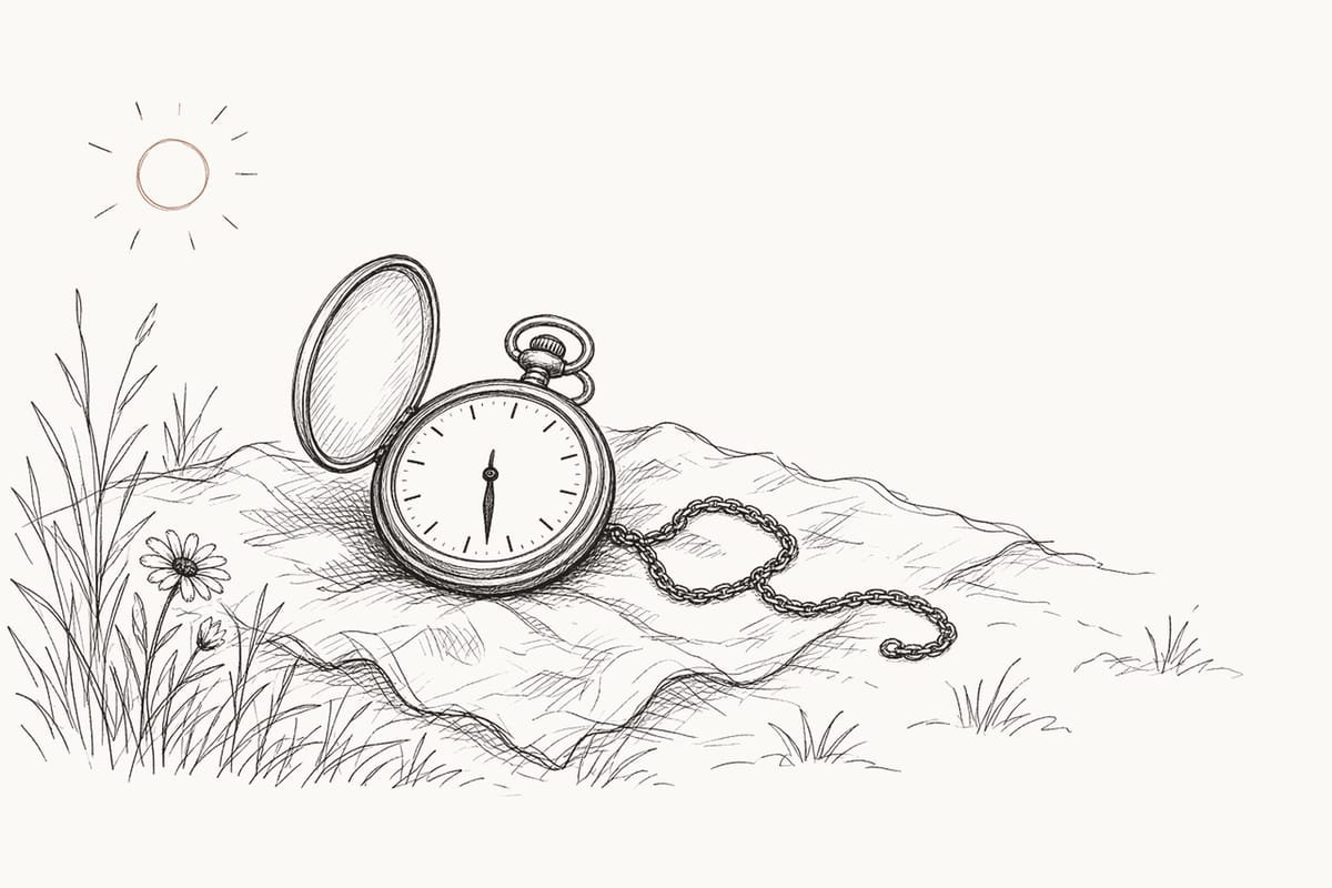 Pen sketch of an open pocket watch on a picnic blanket in the grass