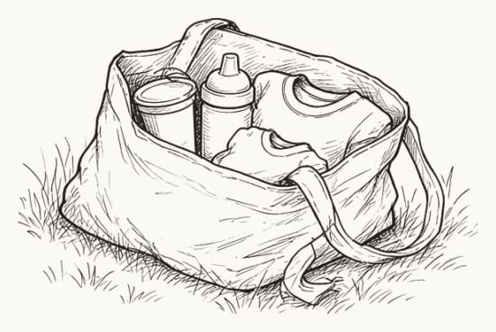 Pen sketch of a canvas tote bag with a snack cup, a sippy cup and a folded small shirt