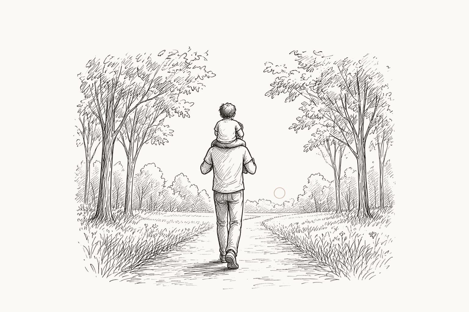 Pen sketch of a father seen from behind walking down a tree-lined path with a small child on his shoulders toward a low sun