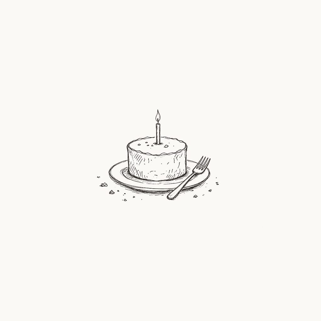 Pen sketch of a small cake with one candle