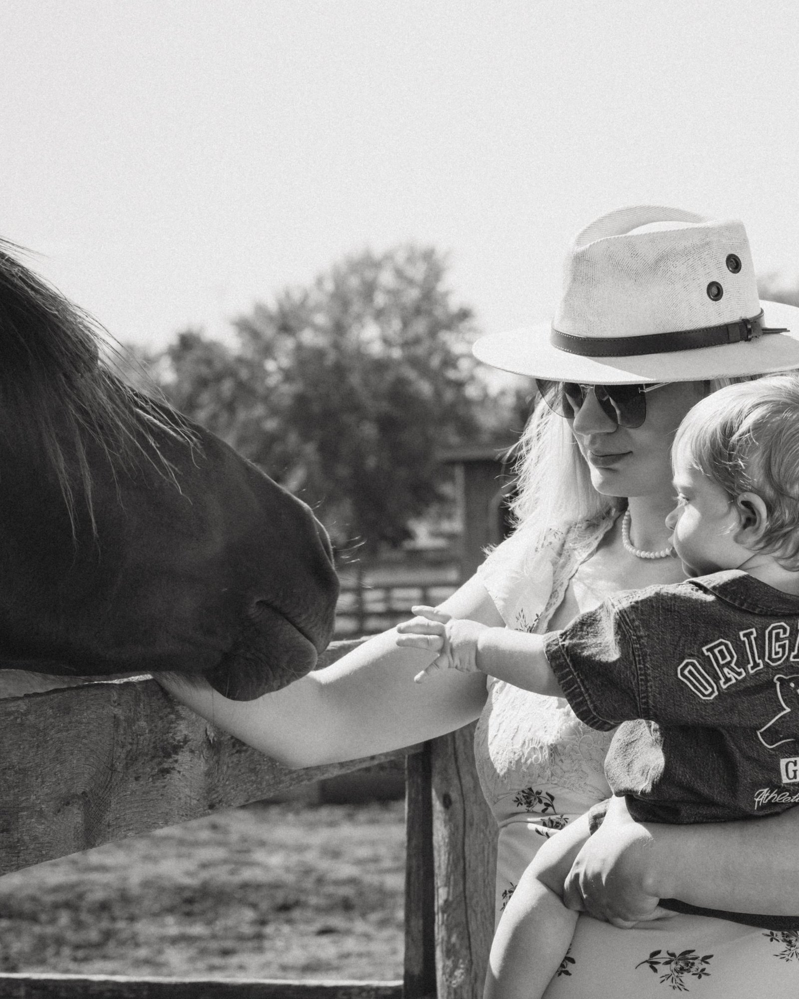A mother walking away along a paddock fence with her son held against her shoulder