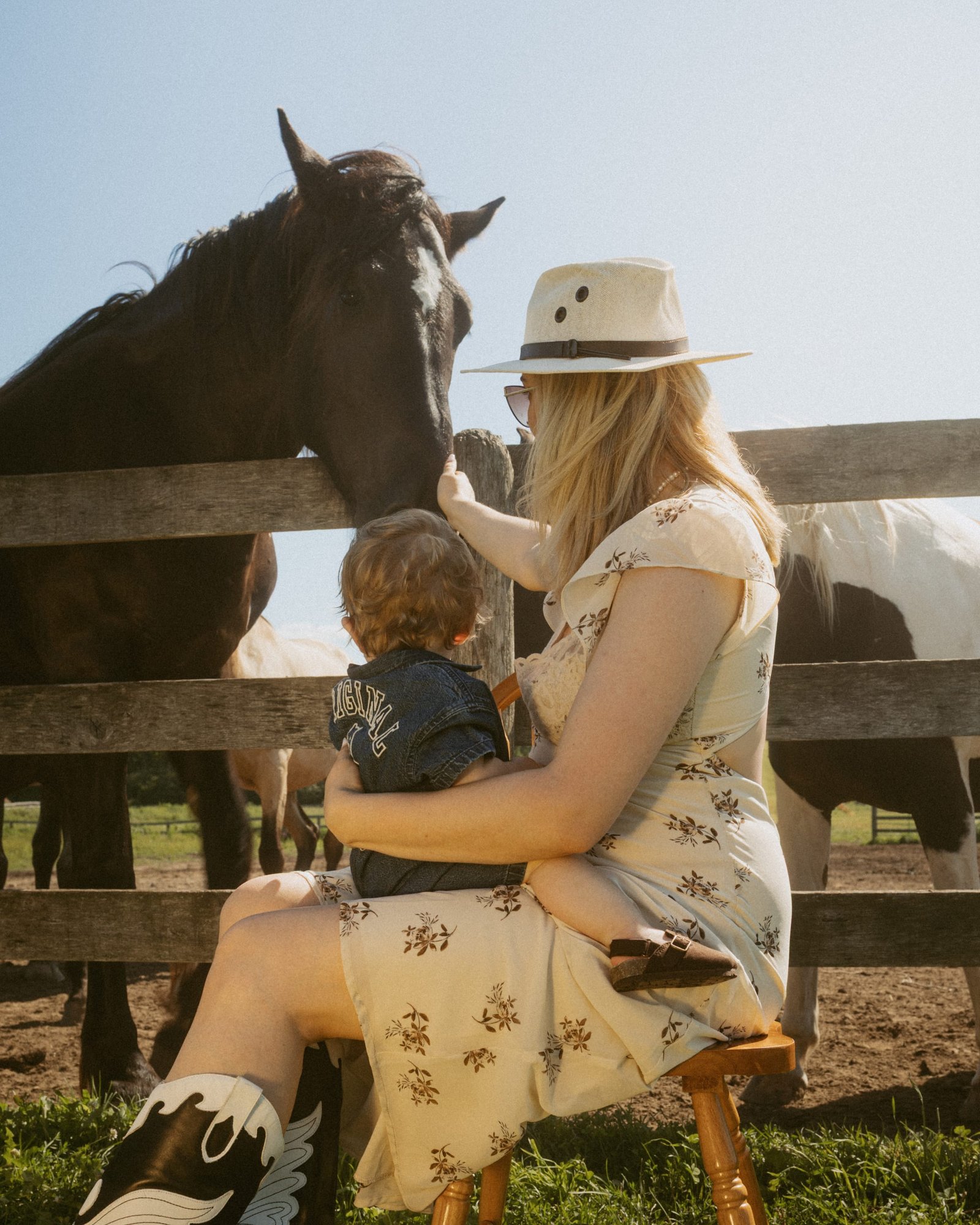 A mother reaching out to stroke a horse's nose while holding her toddler