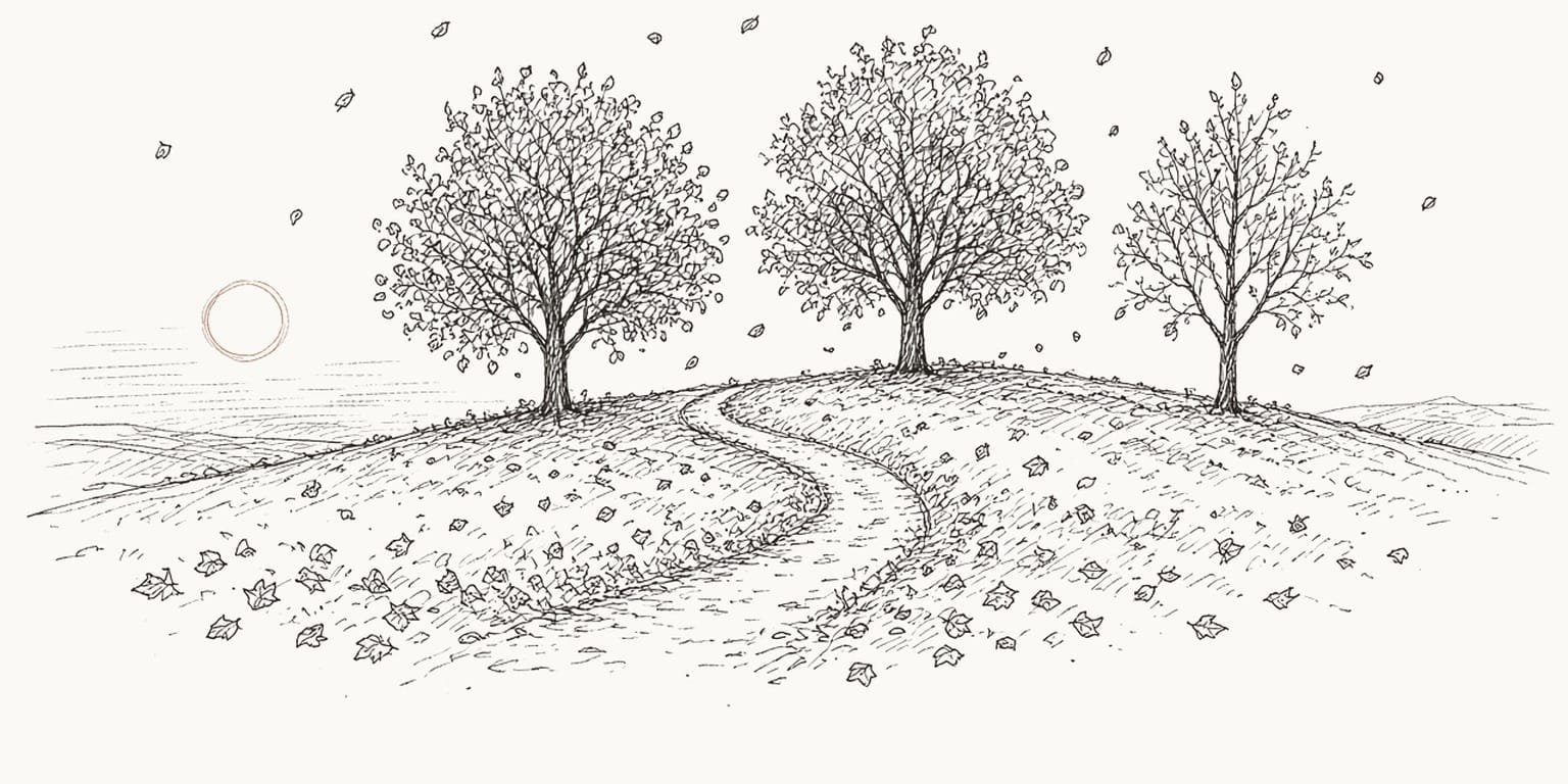 Pen sketch of three autumn trees on a gentle rise with leaves falling and a low sun