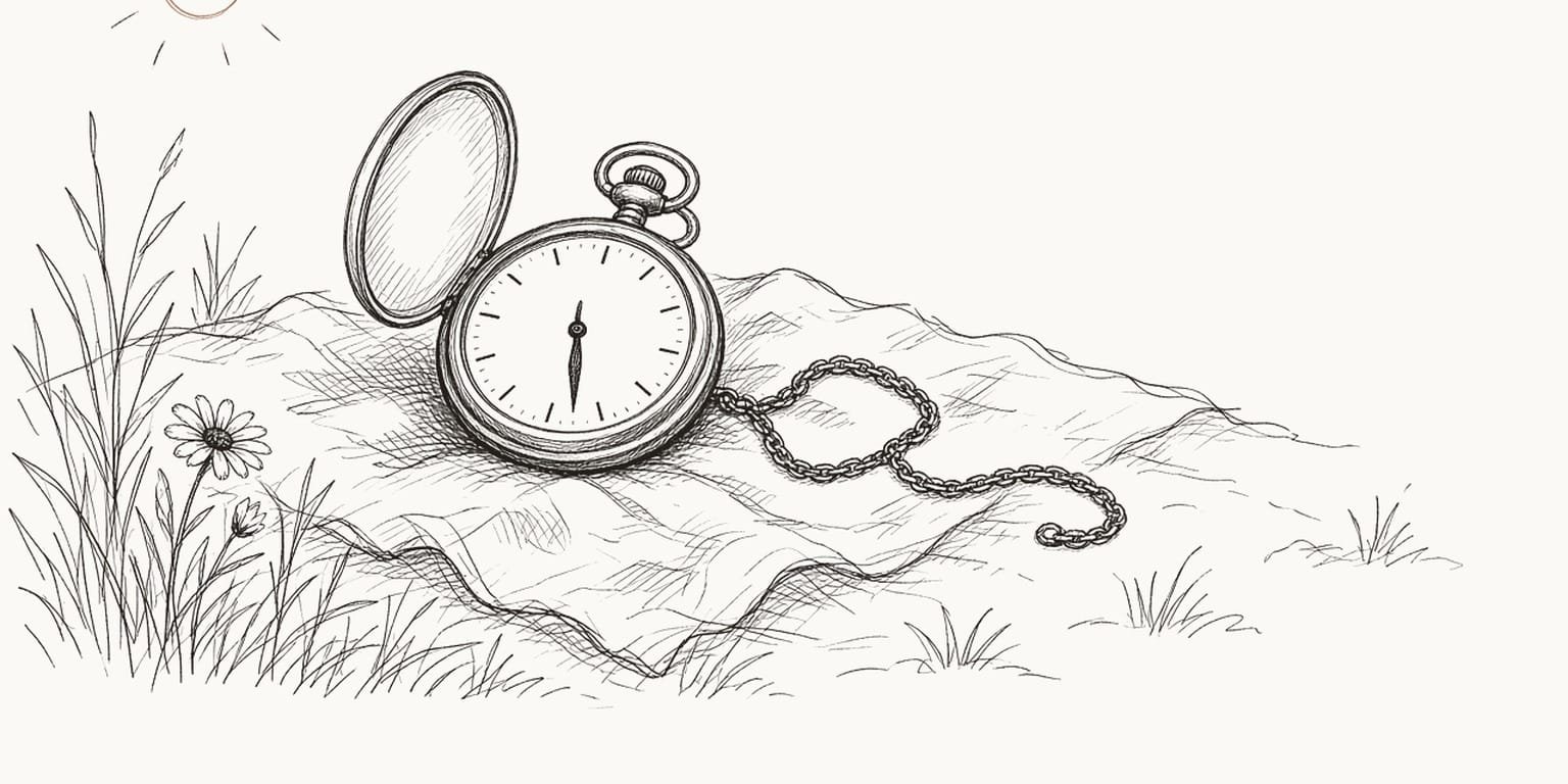 Pen sketch of an open pocket watch on a picnic blanket in the grass