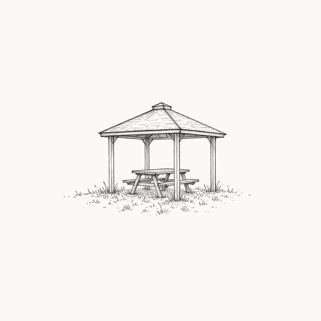 Pen sketch of a small park pavilion with a picnic table
