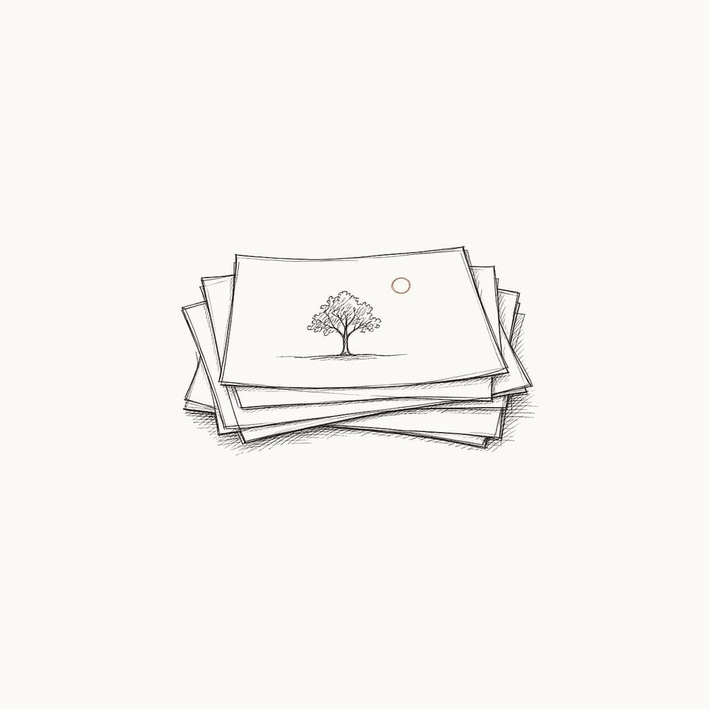 Pen sketch of a fanned stack of photo prints