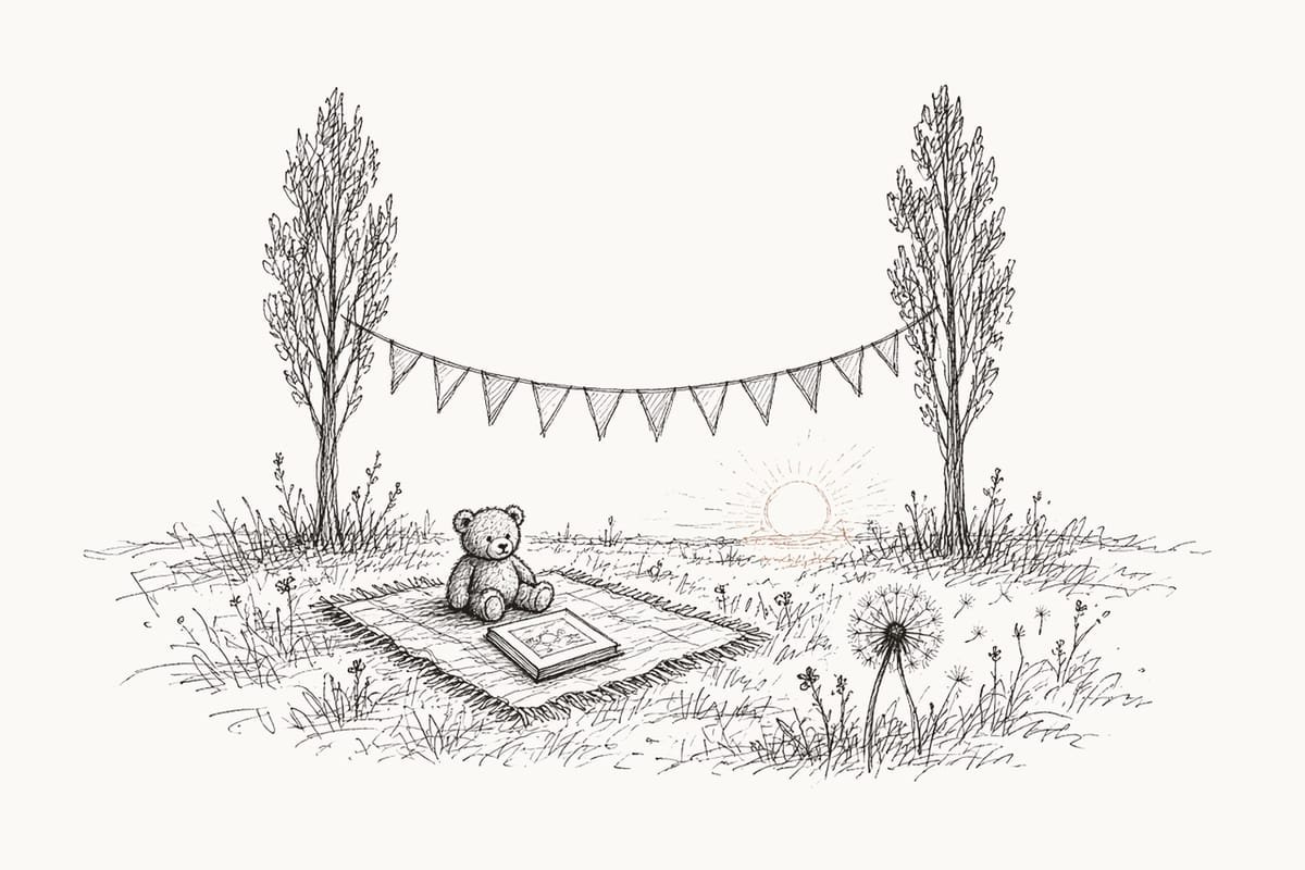 Pen sketch of blank cloth bunting between two poplars over a blanket with a teddy bear and a book
