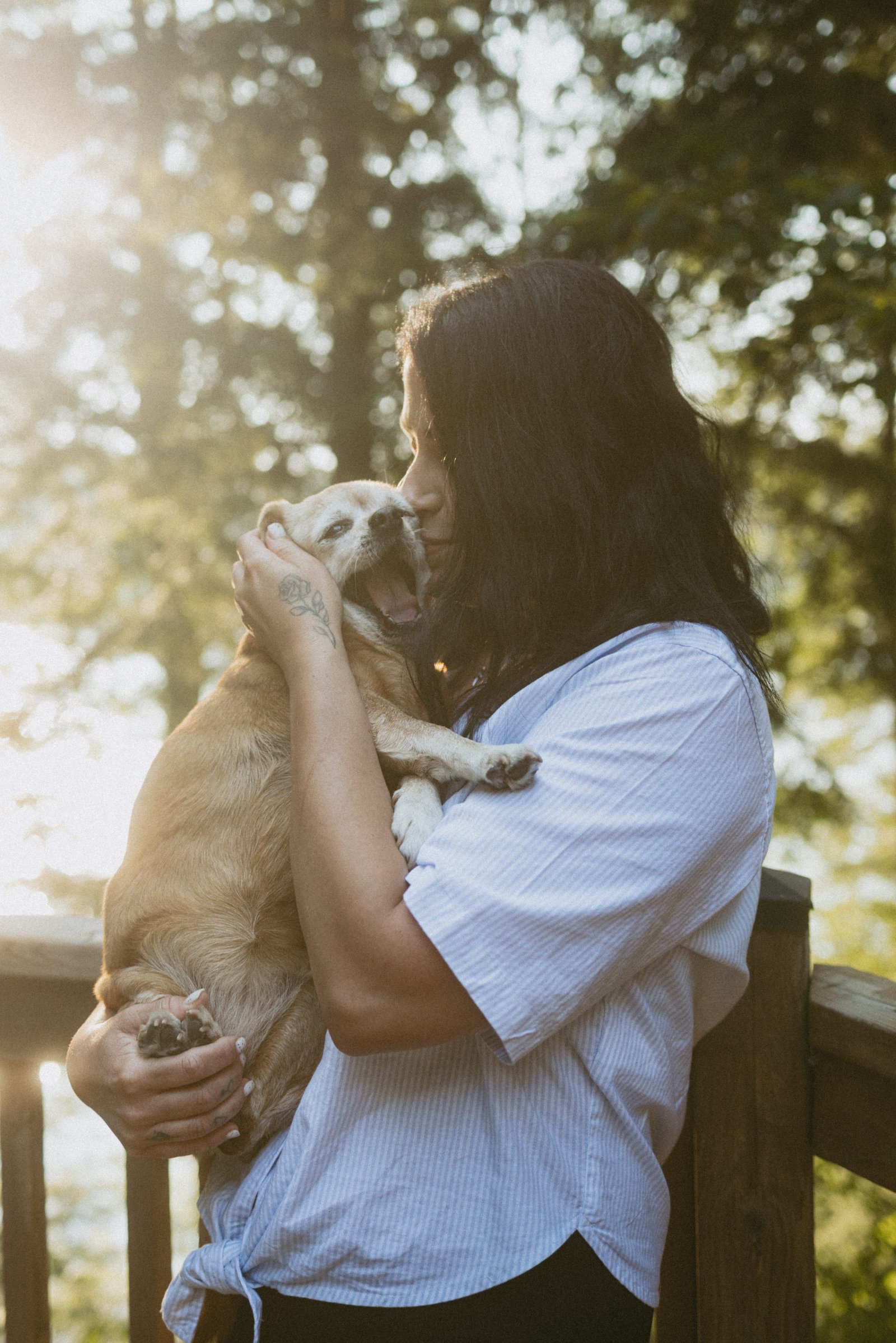 A couple standing close on a wooden deck with sun flaring through the branches behind them