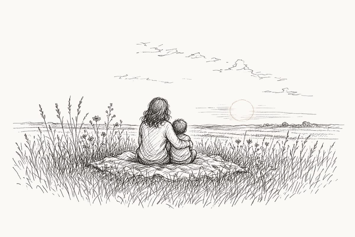 Pen sketch of a mother and toddler seen from behind, sitting on a blanket in a meadow facing the sun