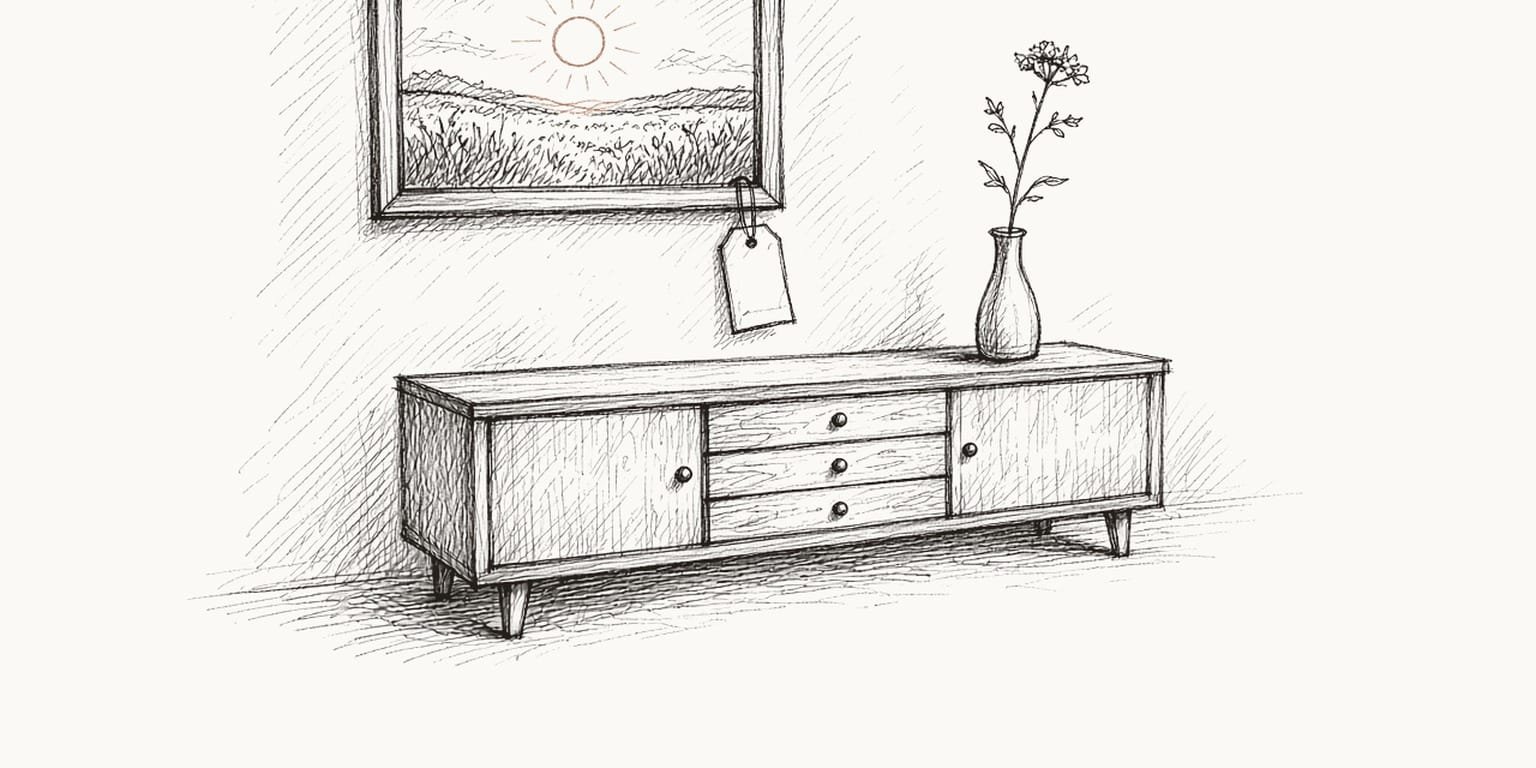 Pen sketch of a framed landscape print on a wall with a blank tag on a string, above a sideboard and vase