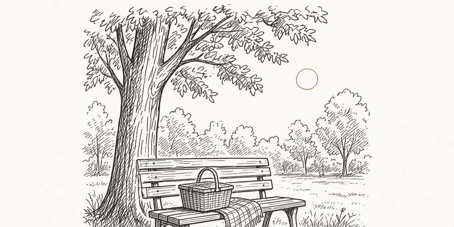 Pen sketch of a park bench under a big tree with a picnic basket and gingham blanket