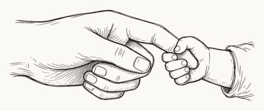 Pen sketch of a large hand holding a small child's hand