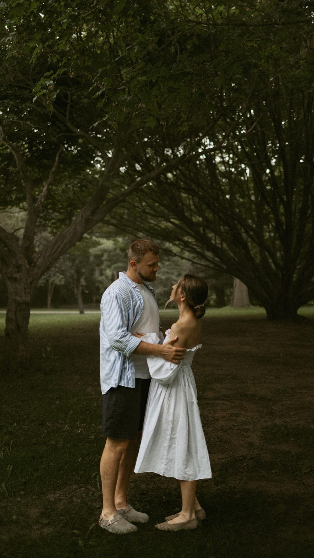 A couple standing close together under tall trees in a green park