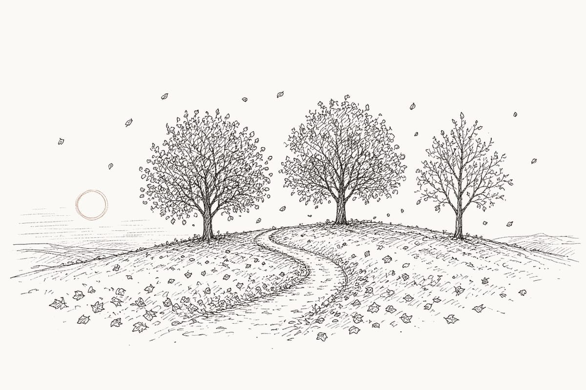 Pen sketch of three autumn trees on a gentle rise with leaves falling and a low sun